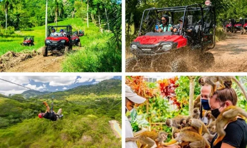 Family adventures in Punta Cana: off-roading, zip-lining, and interacting with monkeys in lush tropical landscapes.