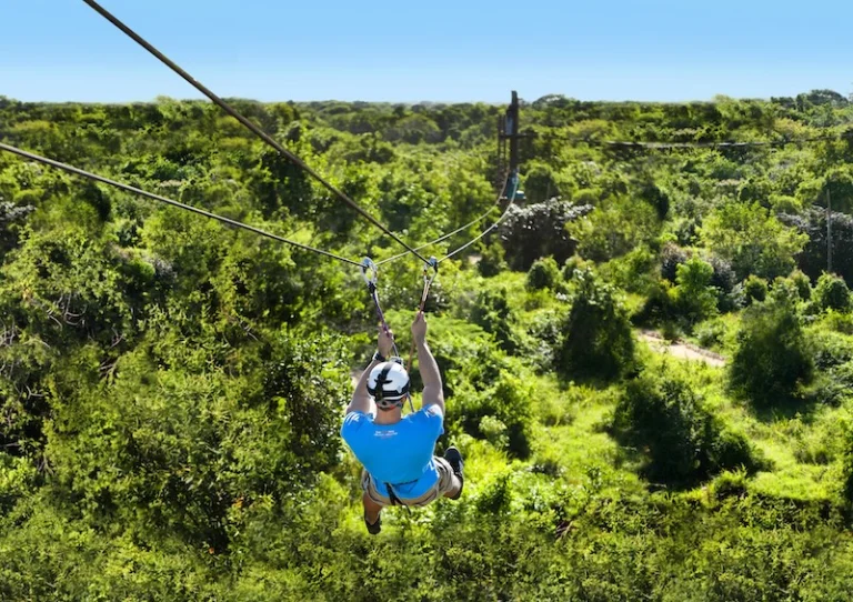 A person zip-lining over lush greenery in Punta Cana, showcasing adventure activities in a tropical setting.