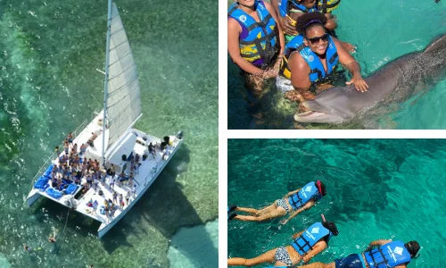 Catamaran sailing, dolphin encounters, and snorkeling in Punta Cana's clear waters, perfect for family adventures.