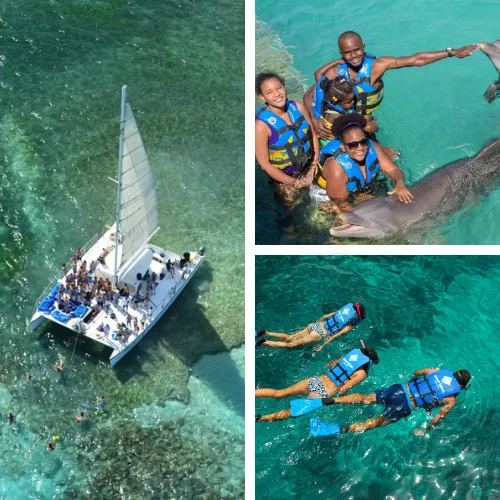 Catamaran sailing, dolphin encounters, and snorkeling in Punta Cana's clear waters, perfect for family adventures.